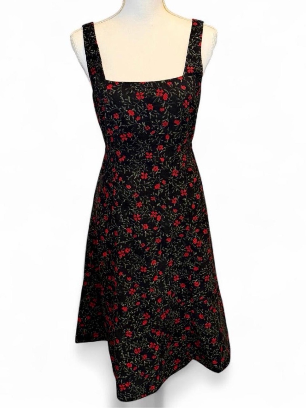 Modcloth Black Red Rose Floral Sleeveless Square-Neck Midi Dress Size S
